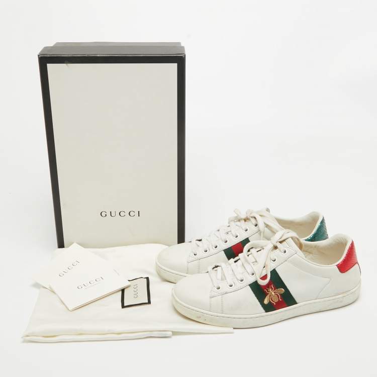 Pre Owned Gucci White Leather Embroidered Bee Ace Sneakers Size 37