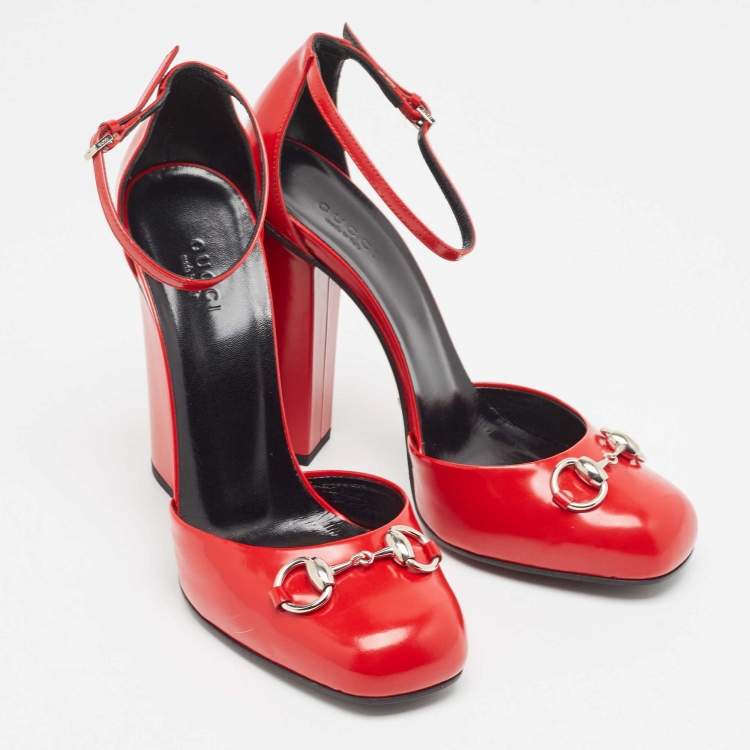 Pre Owned Gucci Red Leather Horsebit Block Heel Ankle Strap Sandals Size 38.5