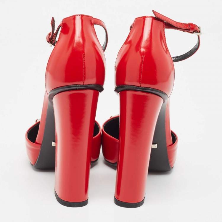 Pre Owned Gucci Red Leather Horsebit Block Heel Ankle Strap Sandals Size 38.5
