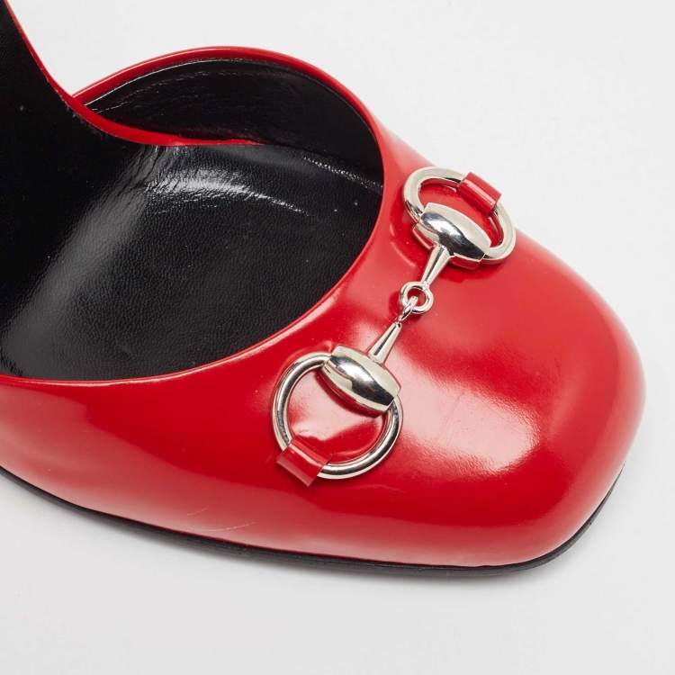 Pre Owned Gucci Red Leather Horsebit Block Heel Ankle Strap Sandals Size 38.5