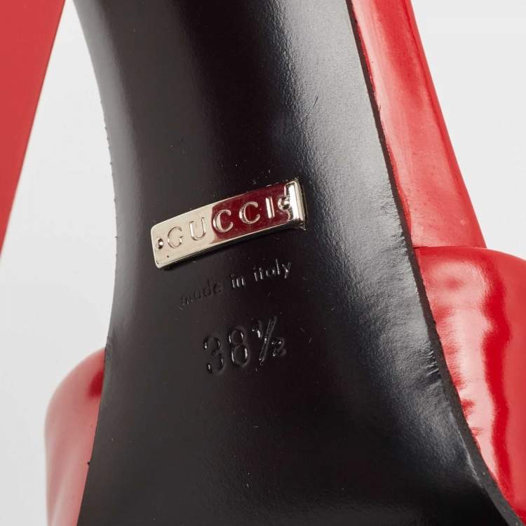 Pre Owned Gucci Red Leather Horsebit Block Heel Ankle Strap Sandals Size 38.5