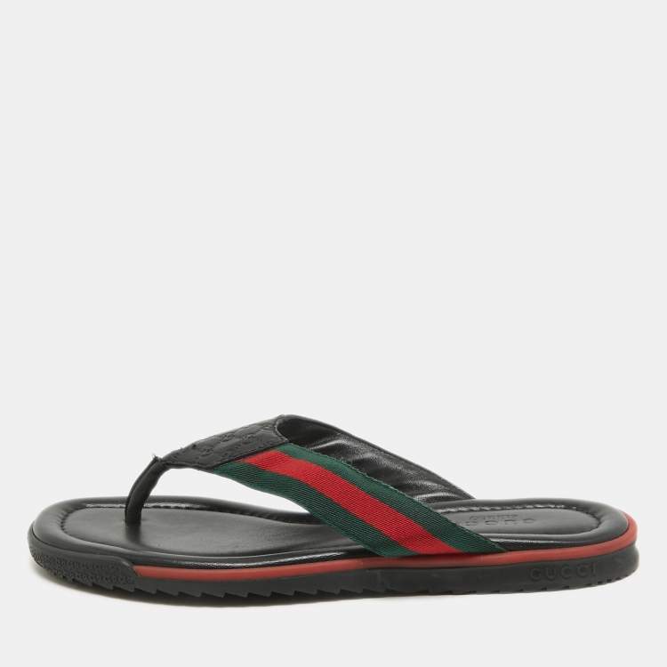 مملوكة مسبقًا Gucci Black Leather Web Detail Thong Flats Size 36