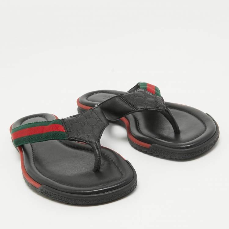مملوكة مسبقًا Gucci Black Leather Web Detail Thong Flats Size 36