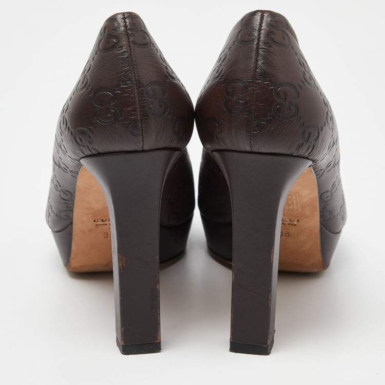 Pre Owned Gucci Brown Guccissima Leather Peep Toe Platform Pumps Size 38