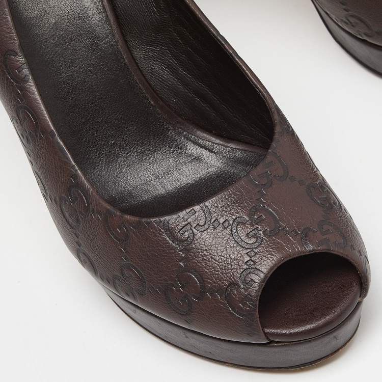 Pre Owned Gucci Brown Guccissima Leather Peep Toe Platform Pumps Size 38