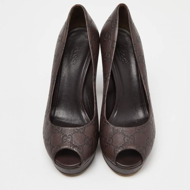 Pre Owned Gucci Brown Guccissima Leather Peep Toe Platform Pumps Size 38