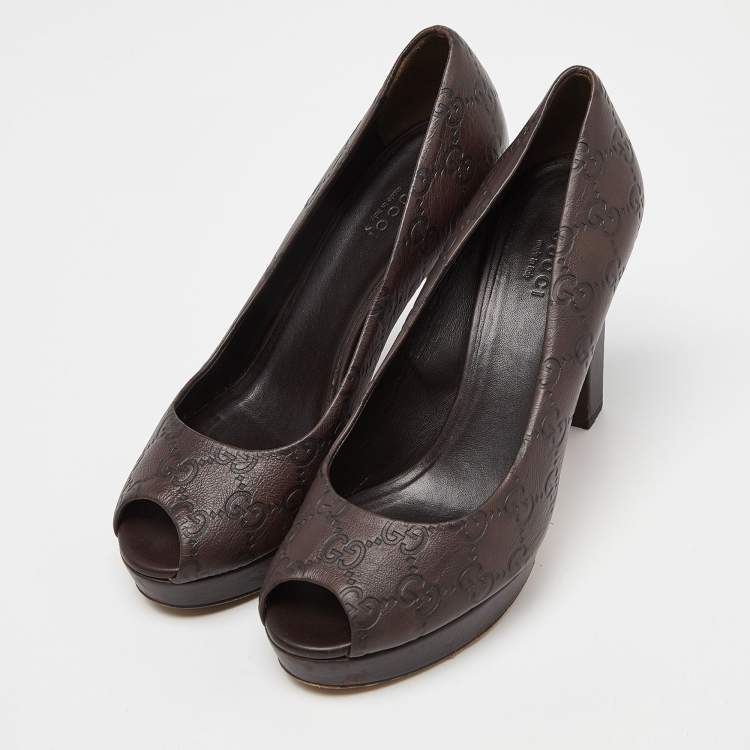 Pre Owned Gucci Brown Guccissima Leather Peep Toe Platform Pumps Size 38
