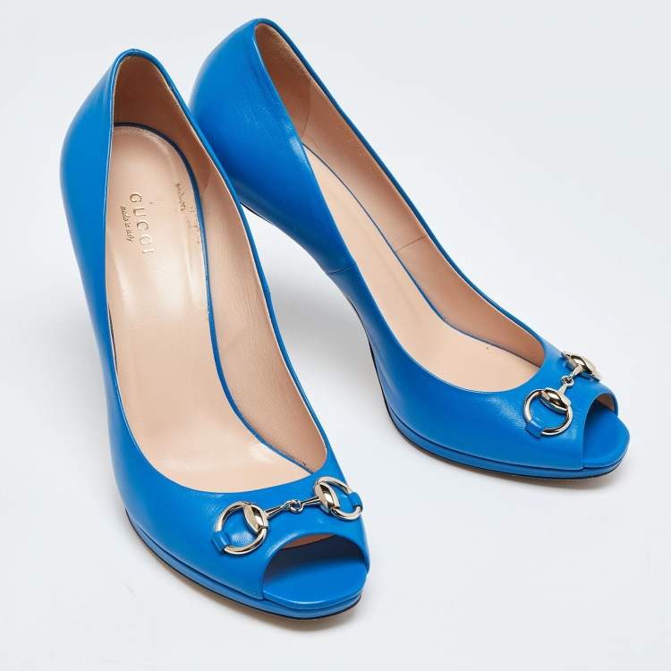 Pre Owned Gucci Blue Leather Horsebit Peep Toe Pumps Size 40
