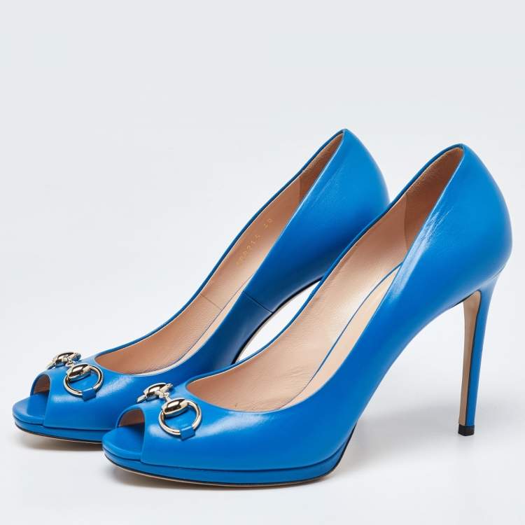 Pre Owned Gucci Blue Leather Horsebit Peep Toe Pumps Size 40