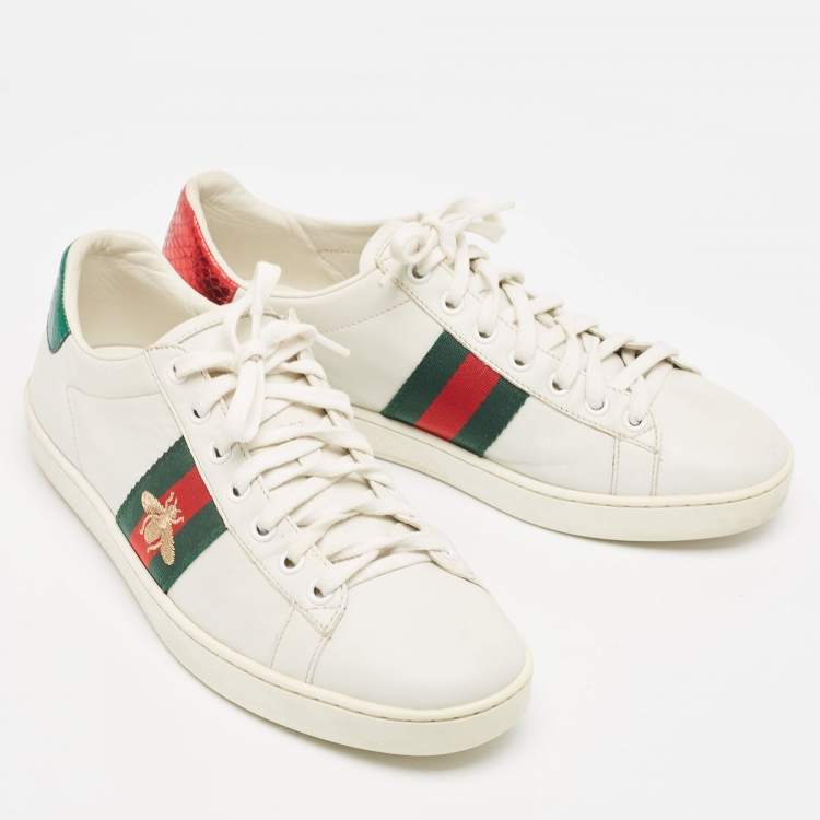 Pre Owned Gucci White Leather Bee Embroidered Ace Sneakers Size 38