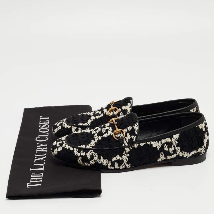 Pre Owned Gucci Black/White GG Tweed Jordaan Loafers Size 36.5