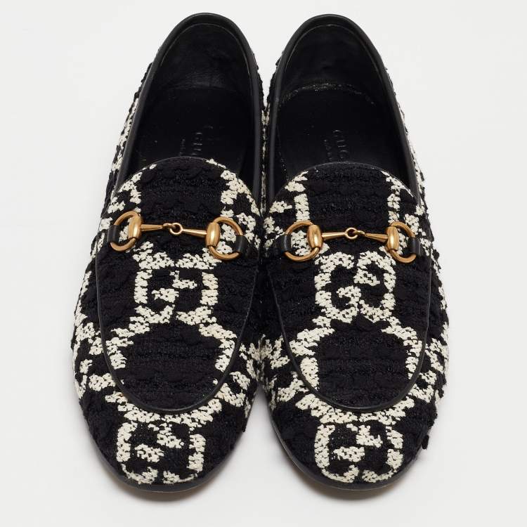 Pre Owned Gucci Black/White GG Tweed Jordaan Loafers Size 36.5