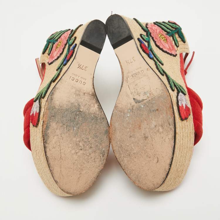 Pre Owned Gucci Red Suede Floral Embroidered Espadrille Wedge Ankle Strap Sandals Size 37.5