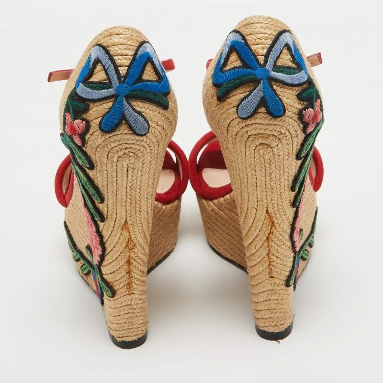 Pre Owned Gucci Red Suede Floral Embroidered Espadrille Wedge Ankle Strap Sandals Size 37.5