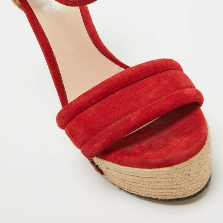 Pre Owned Gucci Red Suede Floral Embroidered Espadrille Wedge Ankle Strap Sandals Size 37.5