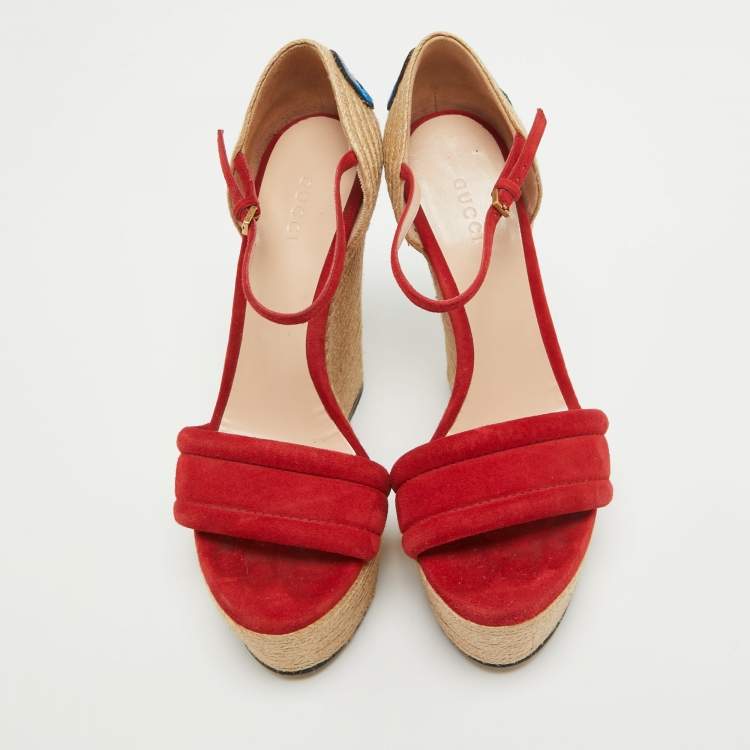Pre Owned Gucci Red Suede Floral Embroidered Espadrille Wedge Ankle Strap Sandals Size 37.5