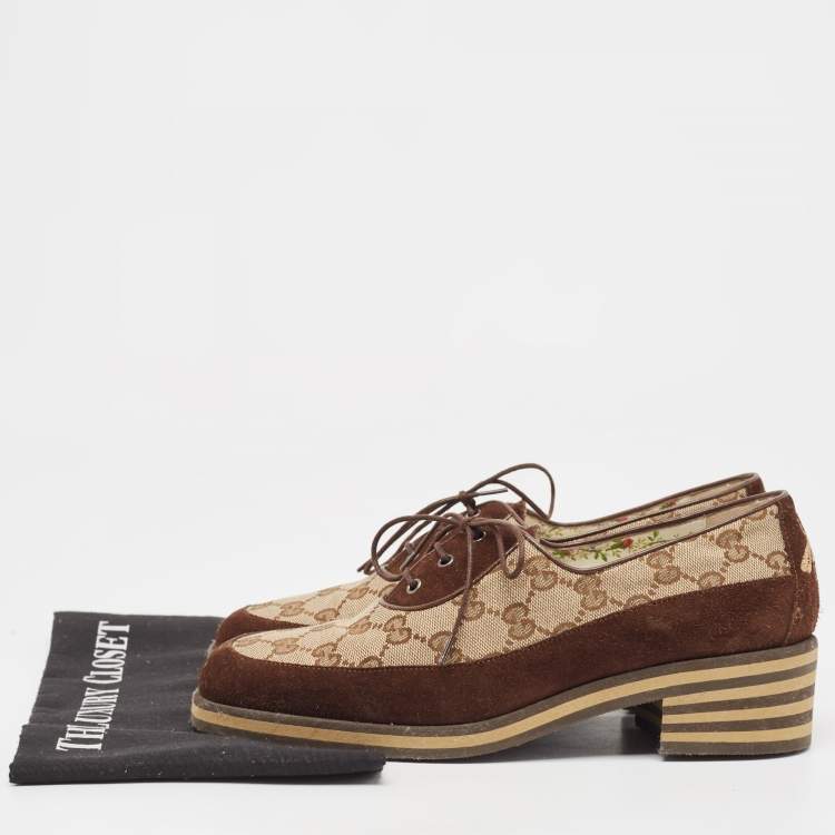 Pre Owned Gucci Brown/Beige Canvas and Suede Derby Size 38.5