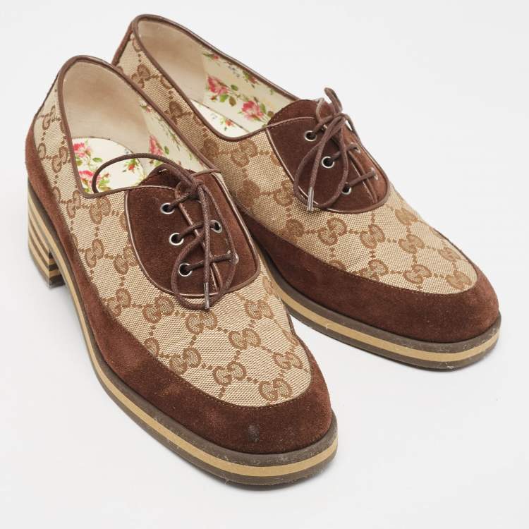 Pre Owned Gucci Brown/Beige Canvas and Suede Derby Size 38.5