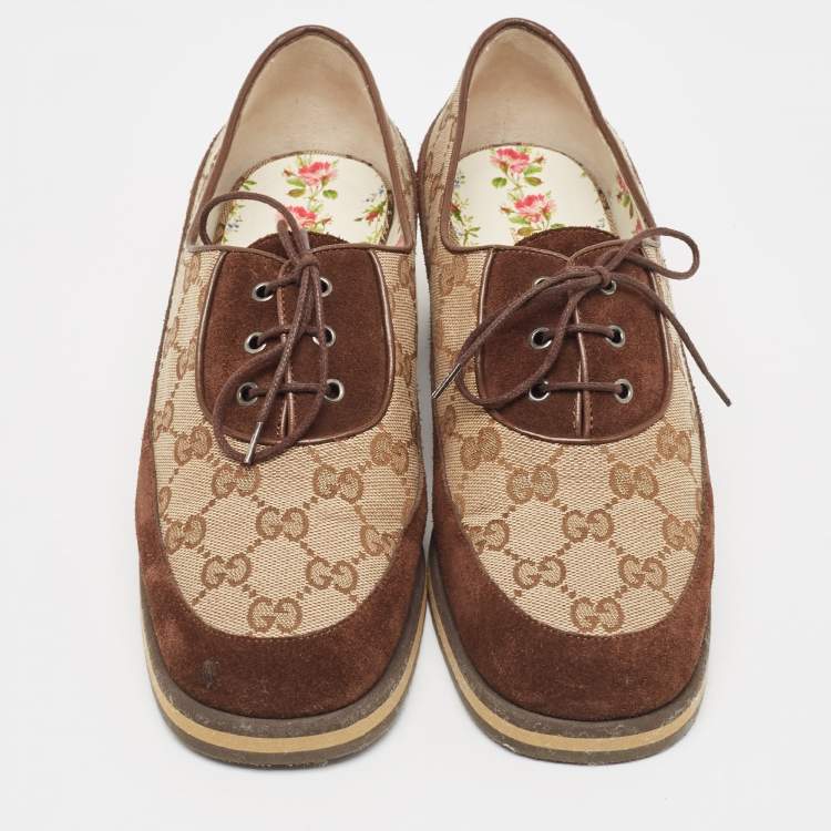 Pre Owned Gucci Brown/Beige Canvas and Suede Derby Size 38.5