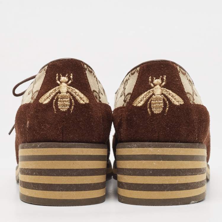 Pre Owned Gucci Brown/Beige Canvas and Suede Derby Size 38.5