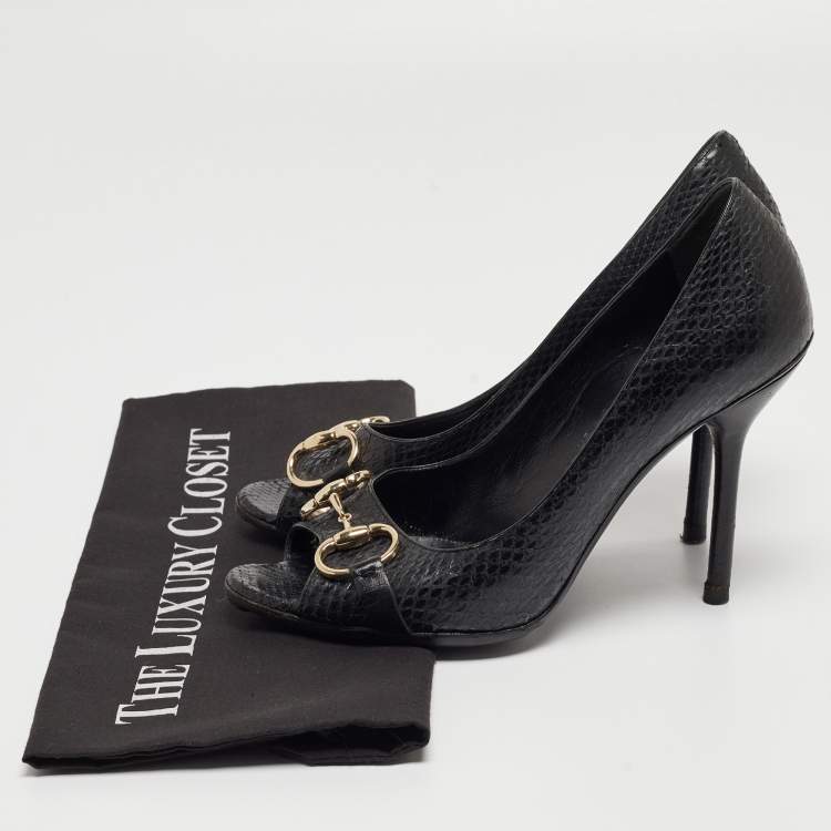 Pre Owned Gucci Black Python Horsebit Open Toe Pumps 38.5