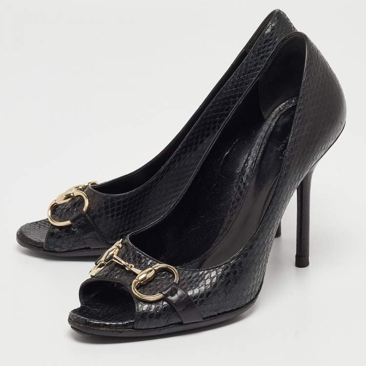 Pre Owned Gucci Black Python Horsebit Open Toe Pumps 38.5