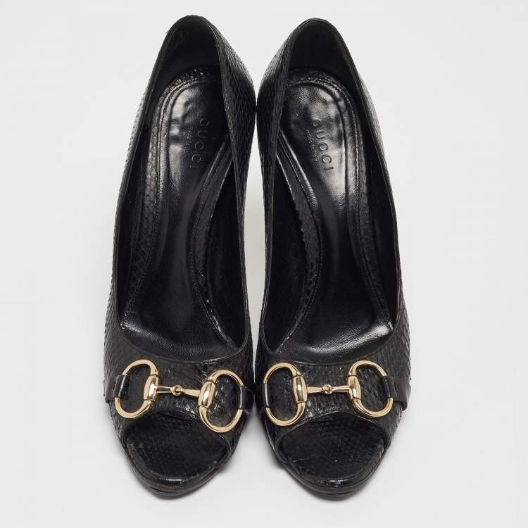 Pre Owned Gucci Black Python Horsebit Open Toe Pumps 38.5