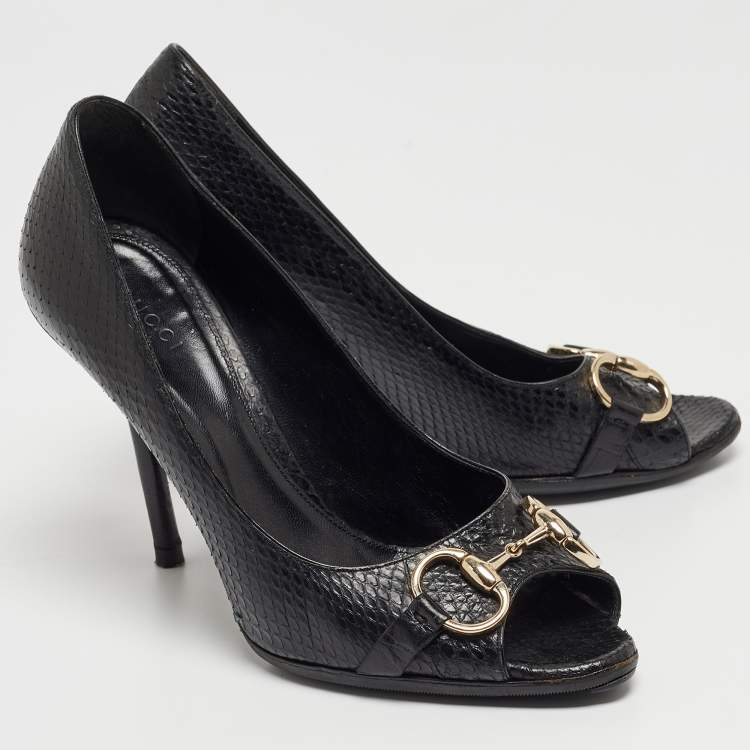 Pre Owned Gucci Black Python Horsebit Open Toe Pumps 38.5
