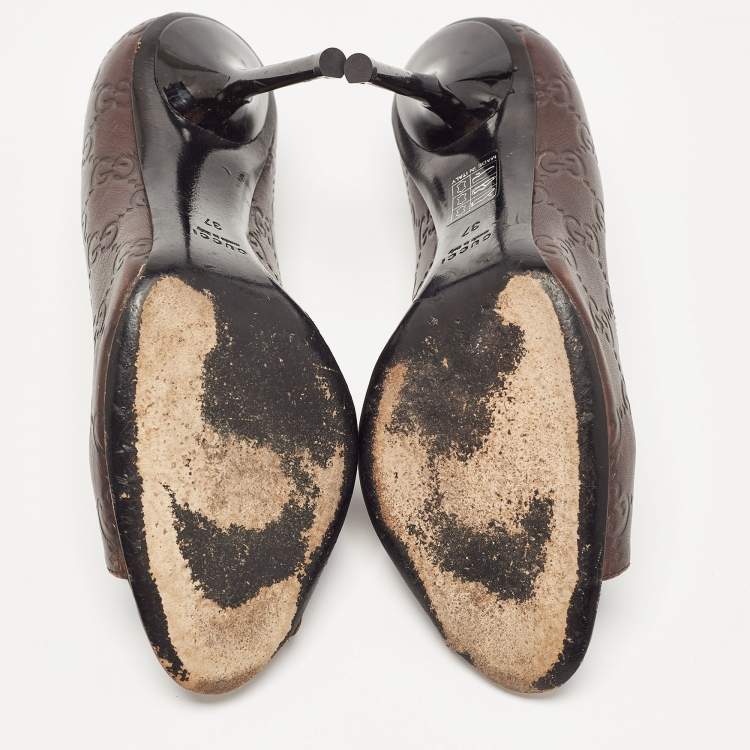 Pre Owned Gucci Brown Leather Peep Toe Pumps Size 37