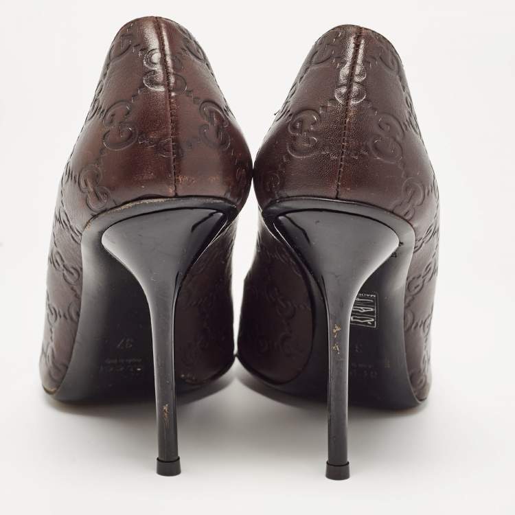 Pre Owned Gucci Brown Leather Peep Toe Pumps Size 37