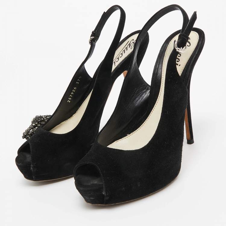 Pre Owned Gucci Black Suede Peep Toe Slingback Pumps Size 37.5     