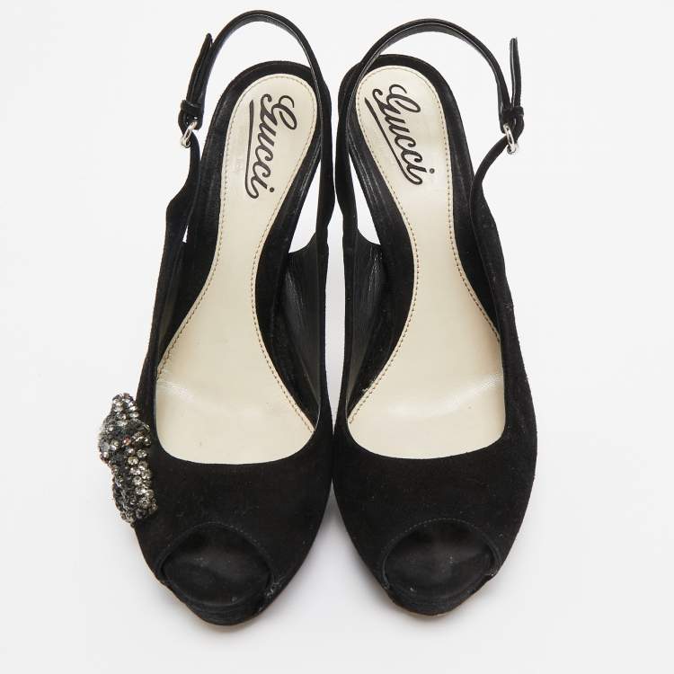 Pre Owned Gucci Black Suede Peep Toe Slingback Pumps Size 37.5     