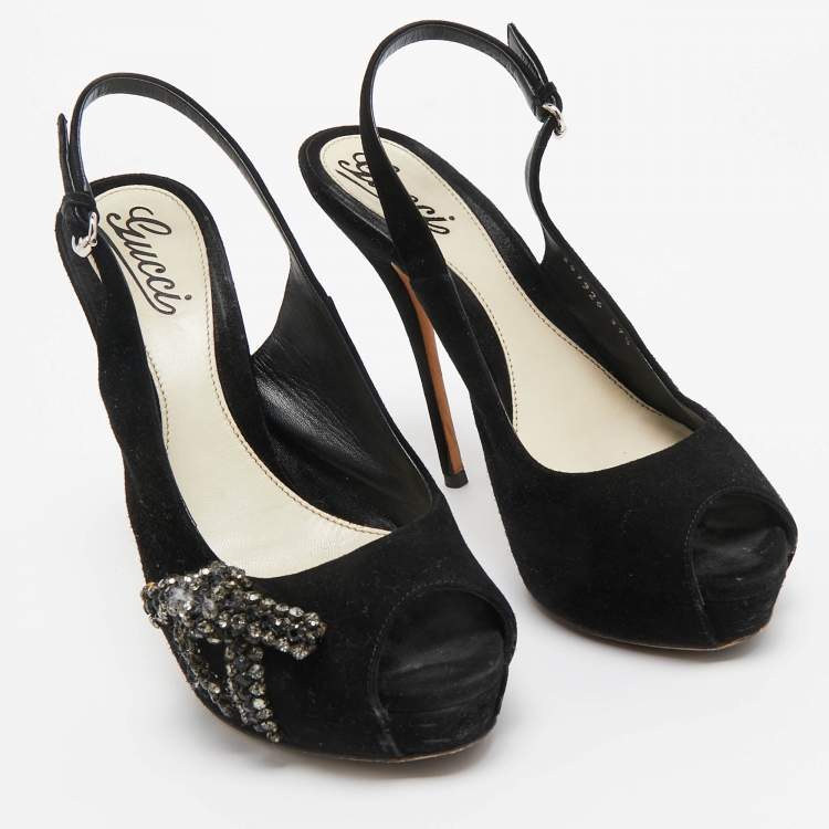 Pre Owned Gucci Black Suede Peep Toe Slingback Pumps Size 37.5     