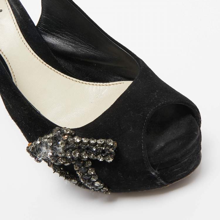 Pre Owned Gucci Black Suede Peep Toe Slingback Pumps Size 37.5     