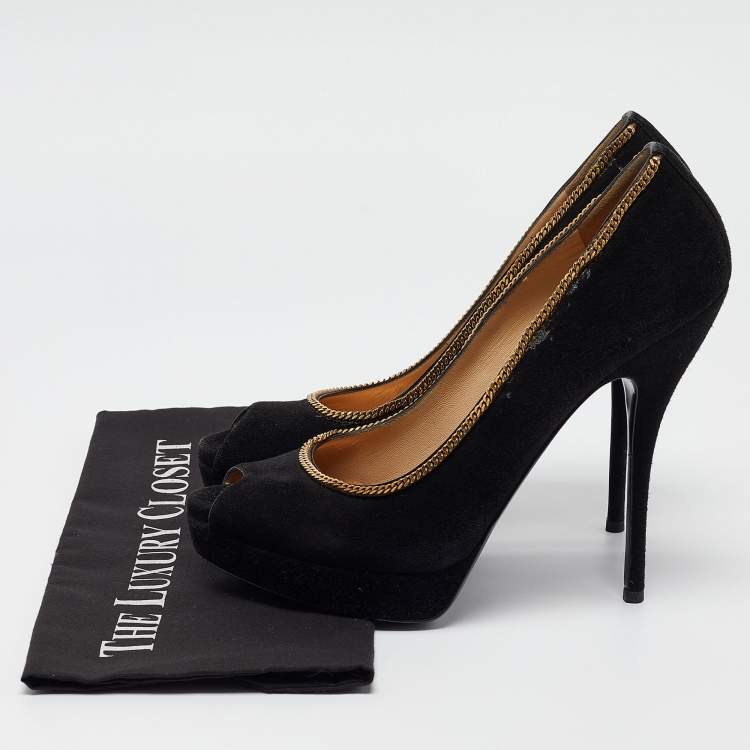 Pre Owned Gucci Black Suede Chain Trim Peep Toe Platform Pumps Size 40