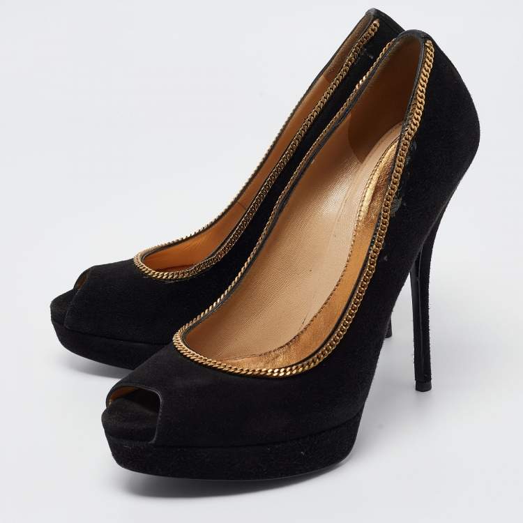 Pre Owned Gucci Black Suede Chain Trim Peep Toe Platform Pumps Size 40