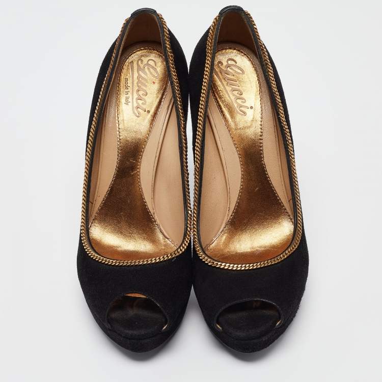 Pre Owned Gucci Black Suede Chain Trim Peep Toe Platform Pumps Size 40