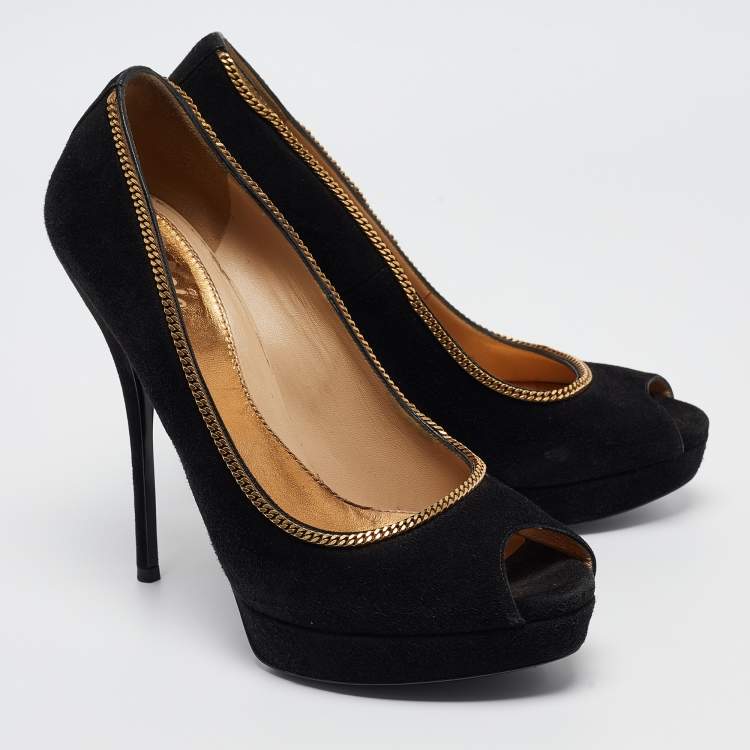 Pre Owned Gucci Black Suede Chain Trim Peep Toe Platform Pumps Size 40