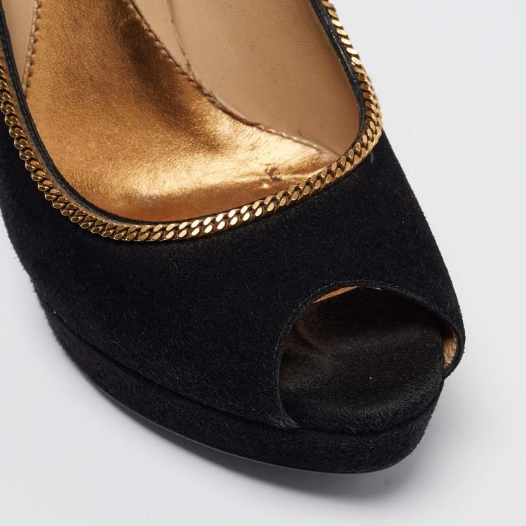 Pre Owned Gucci Black Suede Chain Trim Peep Toe Platform Pumps Size 40