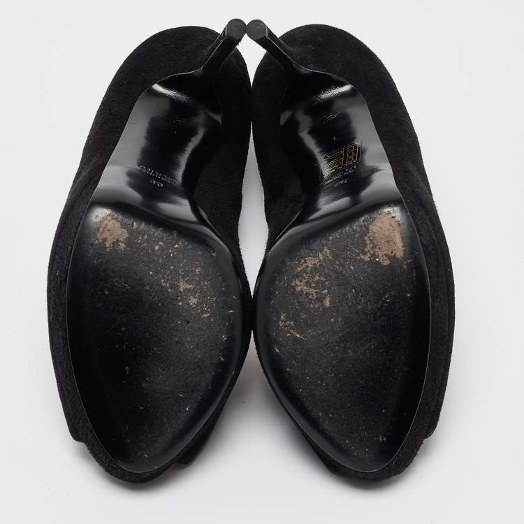 Pre Owned Gucci Black Suede Chain Trim Peep Toe Platform Pumps Size 40