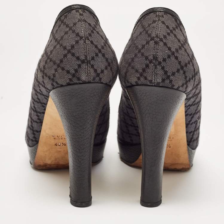Pre Owned Gucci Blue/Lead Diamante Canvas And Leather Trim Icon Bit Platform Peep Toe Pump Size 40.5