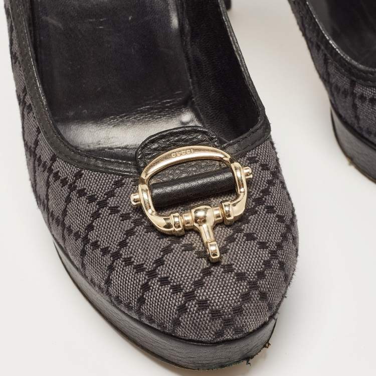 Pre Owned Gucci Blue/Lead Diamante Canvas And Leather Trim Icon Bit Platform Peep Toe Pump Size 40.5