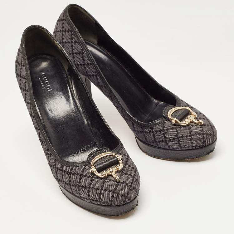 Pre Owned Gucci Blue/Lead Diamante Canvas And Leather Trim Icon Bit Platform Peep Toe Pump Size 40.5