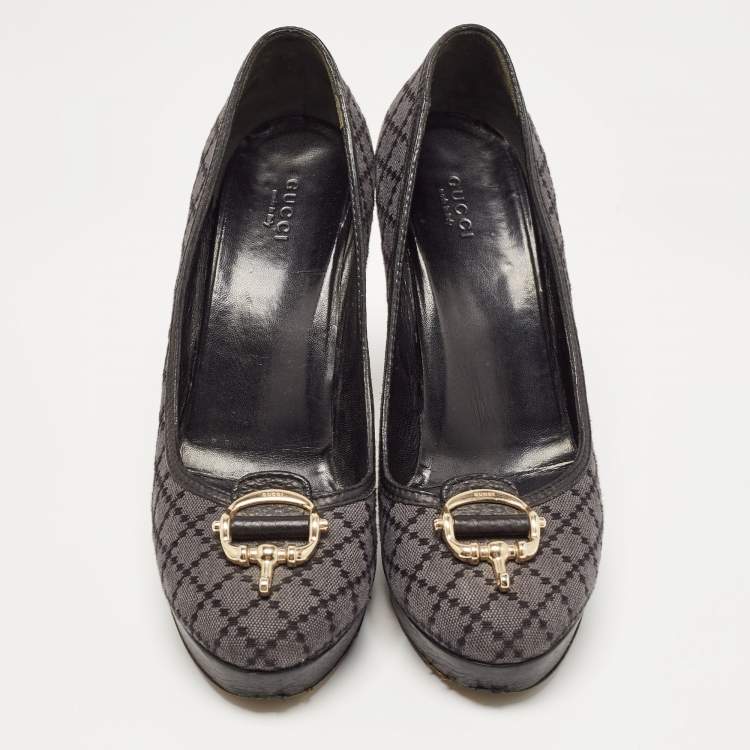 Pre Owned Gucci Blue/Lead Diamante Canvas And Leather Trim Icon Bit Platform Peep Toe Pump Size 40.5
