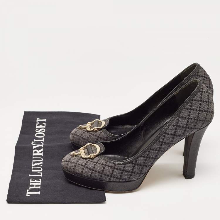 Pre Owned Gucci Blue/Lead Diamante Canvas And Leather Trim Icon Bit Platform Peep Toe Pump Size 40.5
