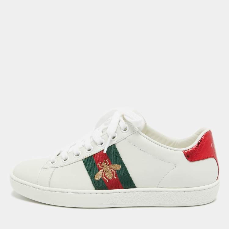 Pre Owned Gucci White Leather Embroidered Bee Ace Sneakers Size 34
