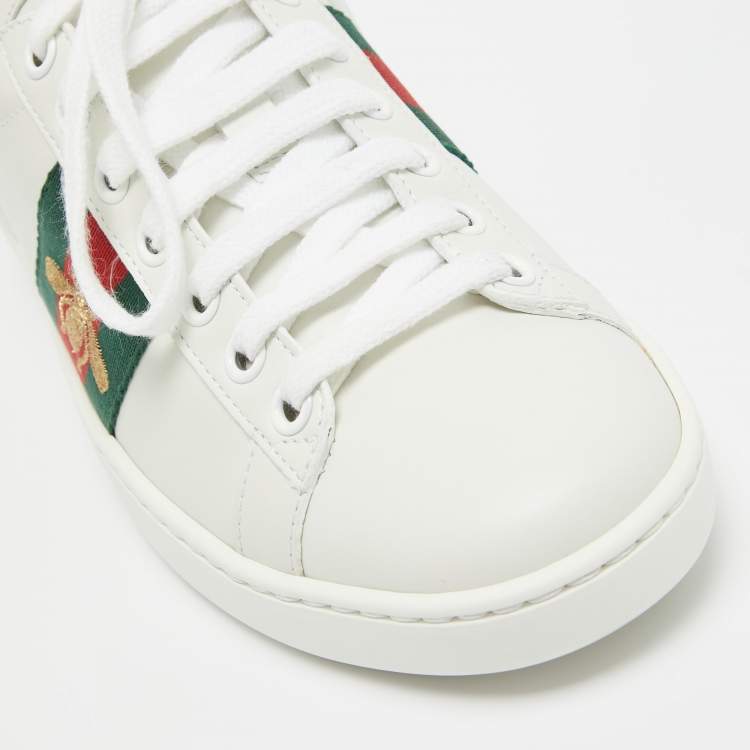 Pre Owned Gucci White Leather Embroidered Bee Ace Sneakers Size 34