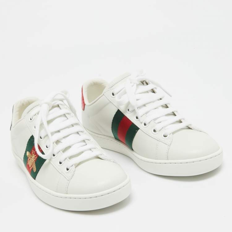 Pre Owned Gucci White Leather Embroidered Bee Ace Sneakers Size 34