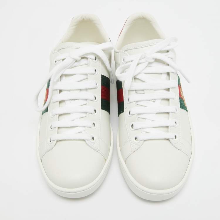 Pre Owned Gucci White Leather Embroidered Bee Ace Sneakers Size 34