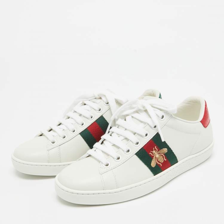 Pre Owned Gucci White Leather Embroidered Bee Ace Sneakers Size 34